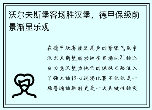 沃尔夫斯堡客场胜汉堡，德甲保级前景渐显乐观